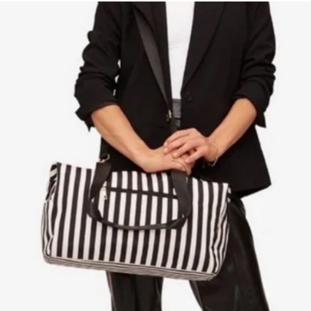 Alice + Olivia Positano Striped Travel Duffel Weekender Bag in Black White